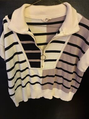 entro Black, Cream, Taupe Striped Half-Zip Knit Top with Ring Pull